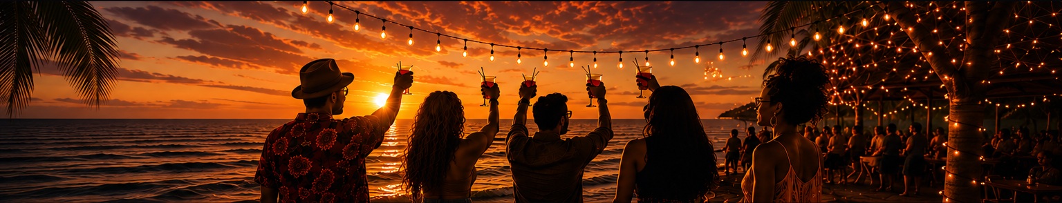 Freunde stoßen bei einem tropischen Sonnenuntergang am Meer gemeinsam an